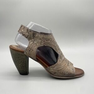Miz Mooz Womens 40 9.5 Snake Print Leather Peep Toe Cutout Heeled Sandals Brown